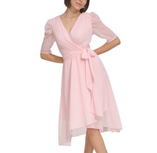 New Tommy Hilfiger Size 6 Pink Glitter-Dot Puff-Sleeve Belted Midi Dress