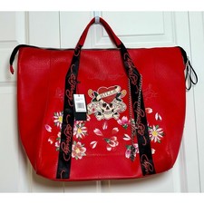 ED HARDY Red  Love Kills Slowly  Skull Floral Print Weekender Bag NWT 
