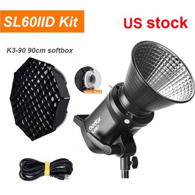 US Godox SL60IID Bowens COB LED Video Light 70w+90cm Softbox+2m Light Stand Kit
