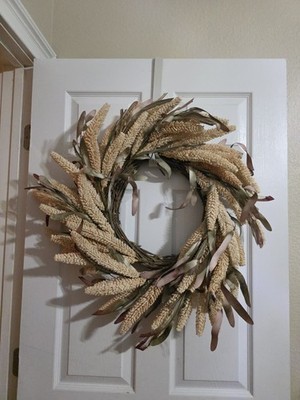Fall wreath 18'' Cream Rice Wreath With Green And Burgundy Eva Leaves