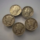 Lot of 5 circulated Mercury Dimes - all from the 1930's 90% Silver Coins