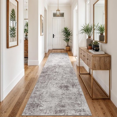3x10 Washable Hallway Runner Rug Abstract Non-Slip Mat Modern Gray Cream