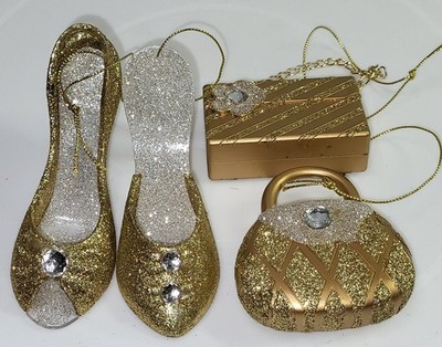 Avon Gold Glitter High Heel Shoe & Handbag Christmas Ornament Set 4pc