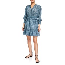 Rebecca Minkoff Chloe Blue Smocked Waist 3/4 Sleeve  Tiered Blouson Dress LARGE