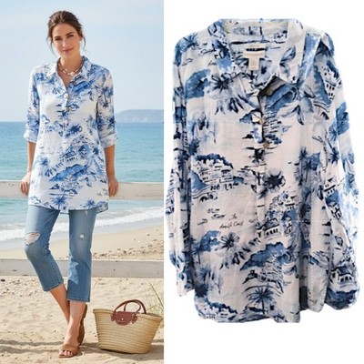 Cynthia Rowley Linen Tunic Top Wmn's Sz 2X Blue White Novelty Roll Tab Sleeves 