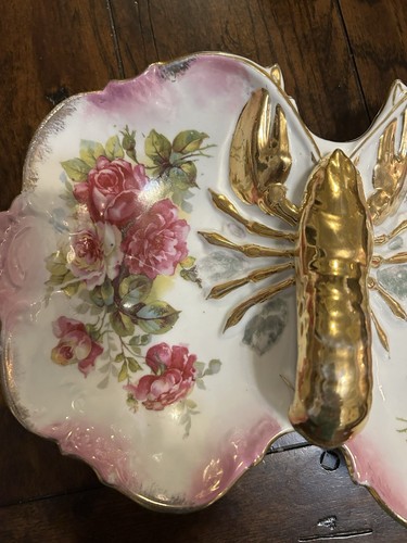 RARO Antiguo Plato de Langosta Oro Rosa Floral Dos Caras con Asa Cuencos - Imagen 3 de 9