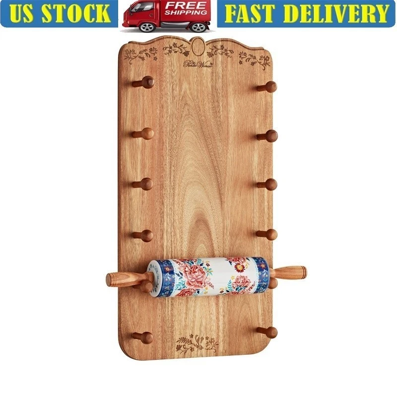 Floral Rolling Pin Set W/ Holder Acacia Wood Kitchen Baking Tool Perfect Gift US