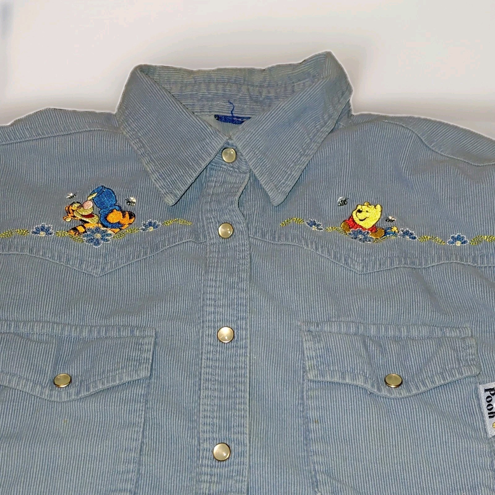 Vintage Disney Blue Corduroy Button-Up Shirt Embroidered Winnie The Pooh Tigger