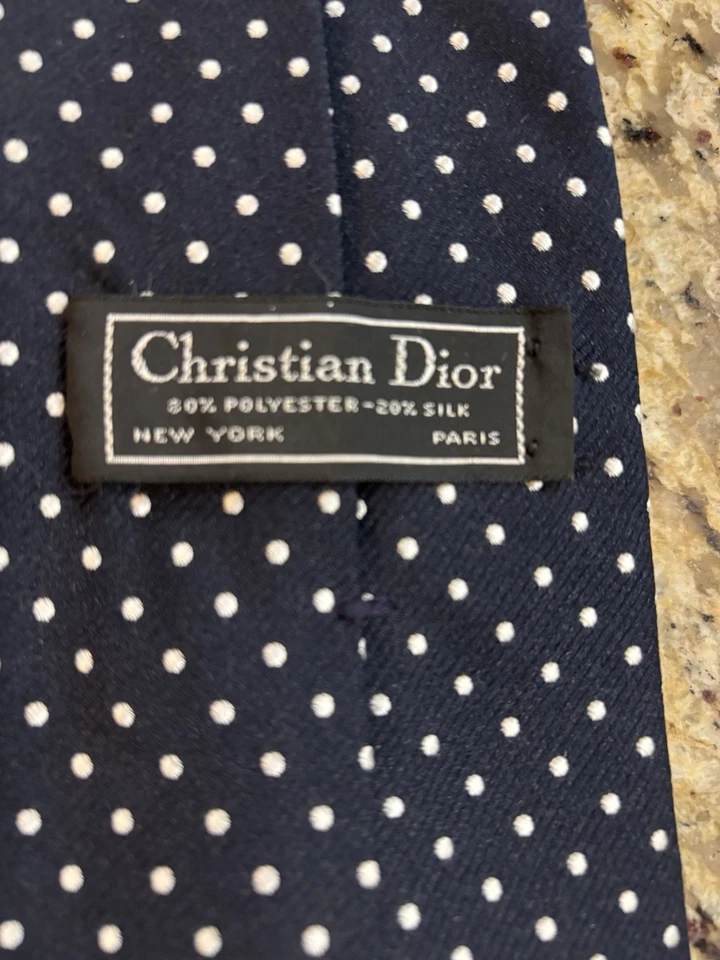 Винтажный галстук Christian Dior синий в горошек вышитый логотип шелковая смесь 56 дюймов - Изображение 3 из 4