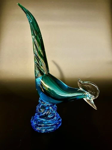 VTG Hand Blown Murano Art Glass Pheasant Bird Figurine Blue Green Italy Teal 14"
