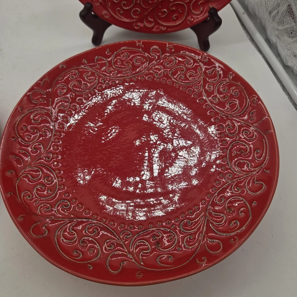 Обеденный набор Crate & Barrel CARMEN BROCCATO 12 дюймов 4 шт. и 9 дюймов салатный набор 3 шт. красный Италия - Изображение 3 из 4