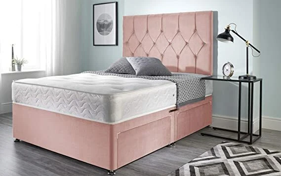 Pink Plush Velvet Divan Bed Set MEMORY SPRUNG Mattress Headboard