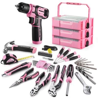 WORKPRO Cordless Drill Driver 43PCS Pink Tool Set 8V Lithium-ion Power Drill Bit