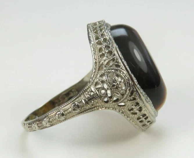 Antique A & S 1920's Tiger's Eye 13K White Gold Filigree Ring Size 7 UK-N1/2 - Image 3 of 4