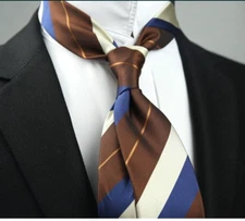 New Classic Striped Brown Blue White JACQUARD WOVEN 100% Silk Men's Necktie Tie