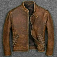 Men's Biker Cafe Racer Vintage Motorcycle Distressed Tan Brown Leather Jacket