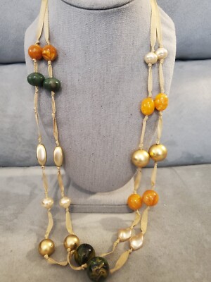 Nordstrom Ribbon Beaded Strand Necklace Autumn Colors NWT