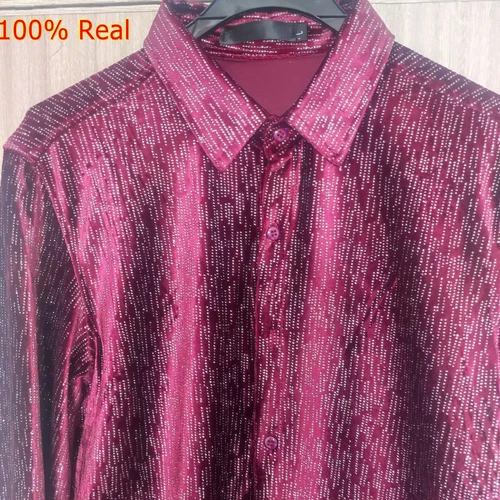 Men's Shiny Velvet Shirts Slim Fit Long Sleeve Fashion Social Shirt Clothing - Picture 7 of 17