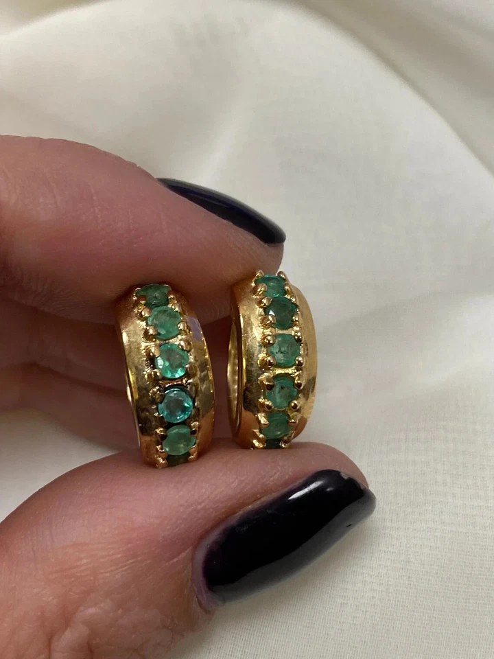 Natural Vintage Emerald Hoop Earrings 1.4Ct Round  14K Yellow Gold Plated - Image 2 of 4