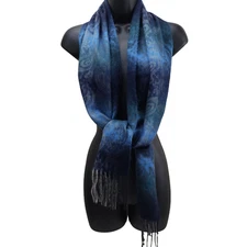 Cejon Scarf Blue Floral Paisley Winter Wrap 11/64 Rectangle Fringe Made In Italy