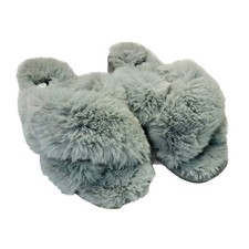 Corkys Slippers Slumber Sz 6 Gray Faux Fur Slides Crisscross Straps Sandals
