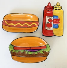 Clay Art Summer BBQ 3 Piece Set Small Serving Dishes Hotdog Hamburger Condiments