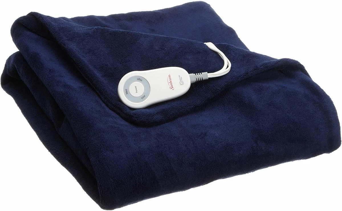 Sunbeam Fleece Heated Throw Navy Blue Electric Blanket Heat Warm Soft | eBay