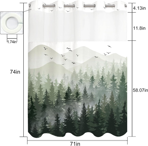 No Hook Shower Curtain with Snap in Liner Sage Green Misty Forest Hookless Showe - Picture 7 of 7