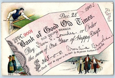 1905 Bank Of Good Old Times Old Chums Branch Cheque Baltimore MD Posted Postcard