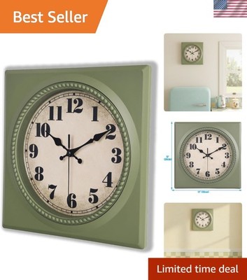 Elegant 12-Inch Vintage Wall Clock - Retro 1950s Square Design, Olive Green