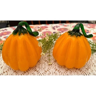 Vintage glass hand blown pumpkins with curly green glass stems