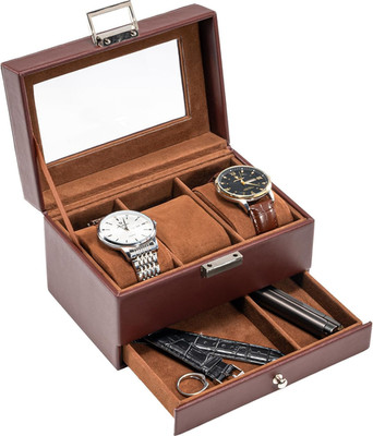Watch Box, 3 Slot Watches Display Case with Drawer, Mens Watch Case with Glass L