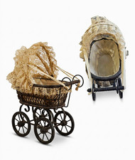 Vintage Miniature Doll Stroller Buggy, Metal/Cloth, Lace Canopy, 2pcs