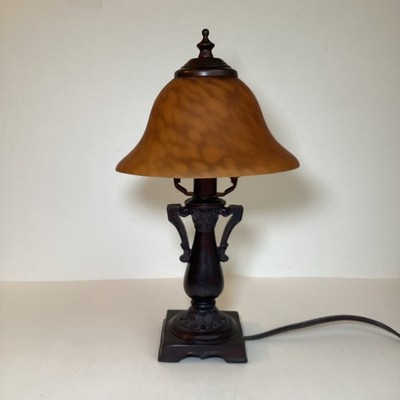 Vintage Art Glass Amber Mushroom Bell Shade Bronze Accent Table Lamp 13  Metal