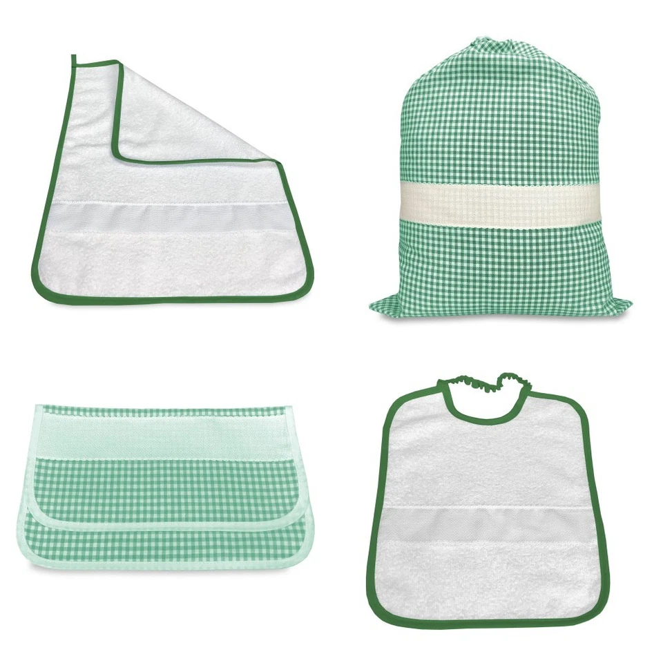 SET ASILO 4 pezzi SACCO e ASCIUGAMANO e BUSTINA A QUADRETTI TINTO IN FILO con te - Immagine 2 di 4