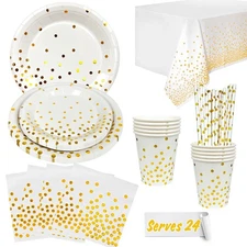 White And Gold Party Supplies 121pcs Golden Dot Disposable Party Dinnerware Set 