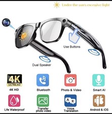 Smart AI Camera Glasses 4K HD Waterproof Bluetooth Wi-Fi USB Photo Video