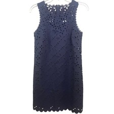 J Crew Navy Blue Laser Cut Floral Motif Lined Sleeveless Shift Dress Size Zero