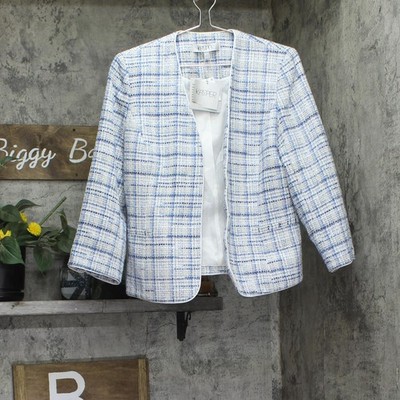Kasper Tweed 3/4-Sleeve Open-Front Blazer Jacket California Sky Blue Multi 8