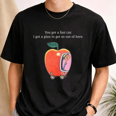 #ad You Got A Fast Car Apple Car Cartoon Graphic Tee Cream Tracy Chapman Lyric Top $23.99