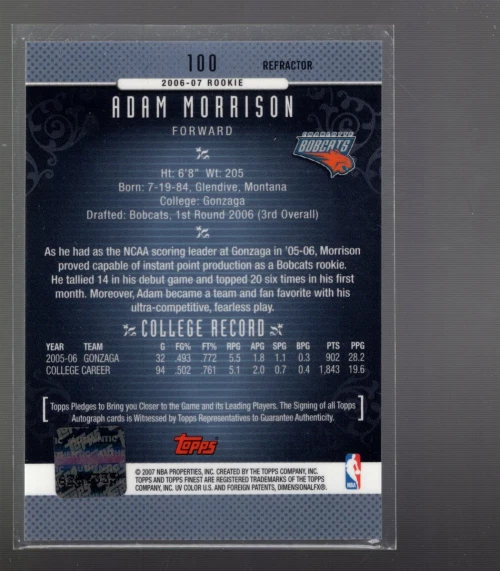 A2460- 2006-07 Finest Rookie Autographs Refractors #100 Adam Morrison H - Image 2 of 2