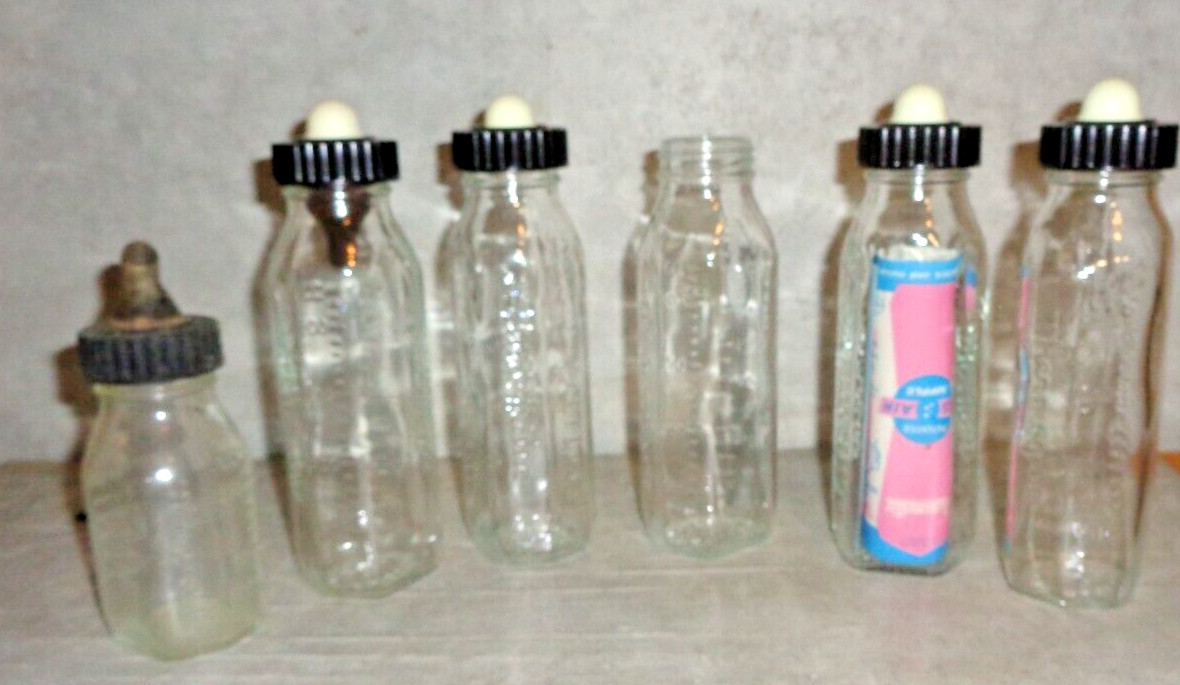 VINTAGE NURSMATIC GLASS BABY BOTTLE LOT 6 TOTAL 5 WITH TOPS 