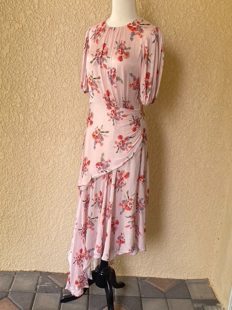 amur floral asymmetrical midi dress Amur Floral Ruched Silk Dress Small