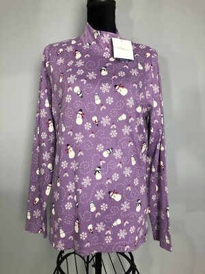NWT Croft & Barrow Women's Christmas Sweater Top XL Purple AOP Snowmen Cotton