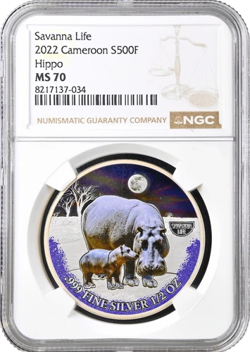 Cameroon 500 francs 2022, NGC MS70, "Savanna Life - Hippo" silver coin