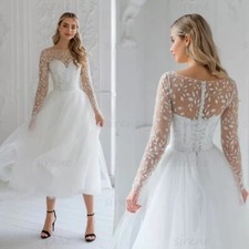 Short WeddingDress A-LineO-Neck LongSleeve Lace Applique Tulle IllusionBackless