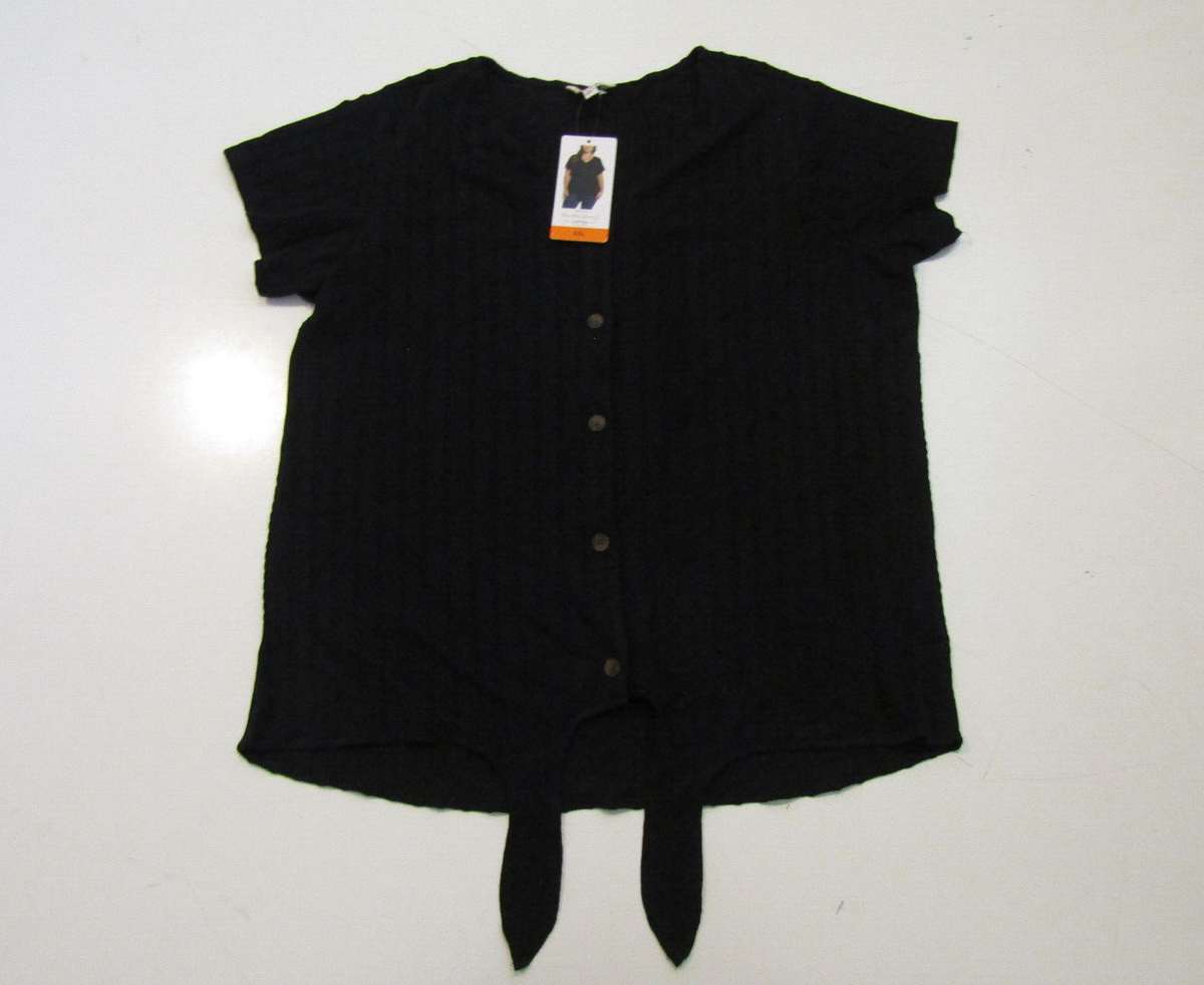 WEATHERPROOF Womens Short Sleeve Black Knit Button Up Tie Front