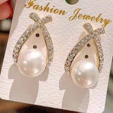 925 Sterling Silver Cross Pearl Crystals Gold Stud Earrings Womens Girls Gift