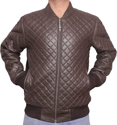 Men 100% Pure Lambskin Leather Quilted Bomber Jacket Brown Moto Biker Jacket