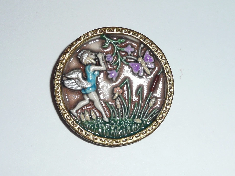 Beautiful Art Stone Ariel Fairy Large Shank Button 1-1/2" Butterfly Flowers - Image 3 of 4